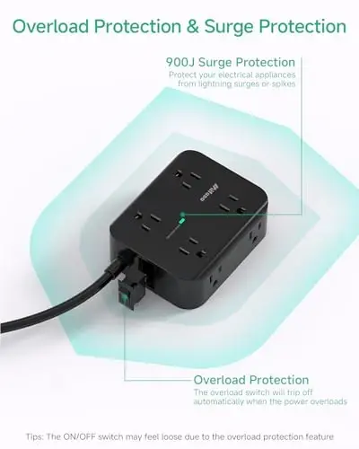 Удлинитель 20 футов, сетевой фильтр с 8 широкими розетками, 4 порта USB, плоская вилка, настенный, защита от перегрузки, для дома, офиса, квартиры, общежития - 4