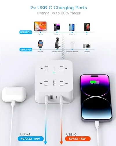 Удлинитель 25 футов, сетевой фильтр HANYCONY с 8 розетками, 4 портами USB (2 USB C), длинный шнур, настенное крепление, настольная USB-станция для зарядки для дома, офиса, общежития - 5