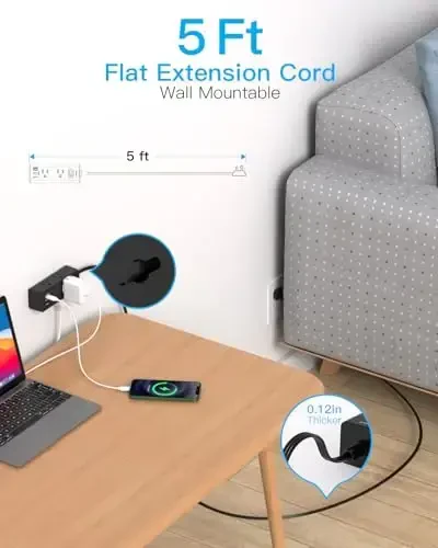 5Ft Extension Cord with Multiple Outlets, Flat Plug Power Strip Surge Protector with 5 Ft Long Cord, 6 Outlet 3 USB Ports (1 USB C), Multi Outlet Wall Plug for Travel, Dorm Room Essentials-Black - ONE BEAT (1)