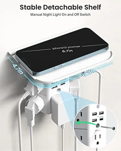 Удлинитель розетки с полкой и ночником, защита от перенапряжения, зарядное устройство USB для стен с 5 розетками AC и 3 портами USB 1 розеткой USB C Широкое пространство 3-сторонняя сетевая розетка Многоконтактные розетки... - 3