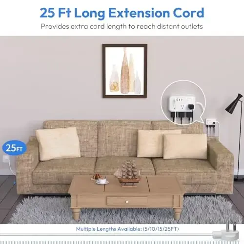 Удлинитель с плоской вилкой 7,6 м, сетевой фильтр, разветвитель розеток с 6 розетками и 4 портами USB, защита от перегрузки, длинный удлинитель с несколькими розетками для дома, офиса, белый - 2