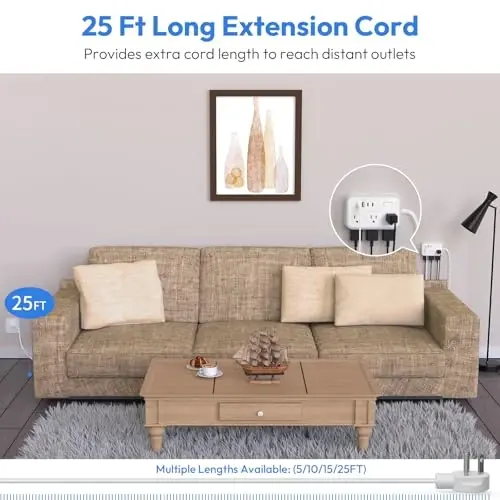 Удлинитель с плоской вилкой 7,6 м, сетевой фильтр, разветвитель розеток с 6 розетками и 4 портами USB, защита от перегрузки, длинный удлинитель с несколькими розетками для дома, офиса, белый - 2
