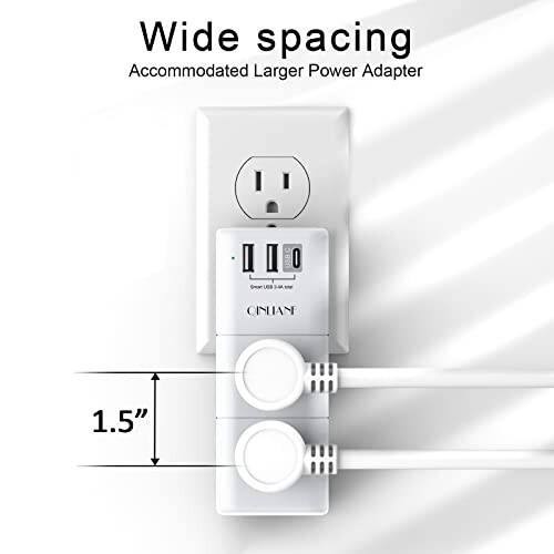 Удлинитель с розеткой USB и защитой от скачков напряжения - QINLIANF Многоконтактная розетка с поворотным штекером, 3-сторонняя поворотная сетевая розетка с 6 AC разъемами и 3 USB-портами (1 USB C) для путешествий, дома, офиса, ETL - 4