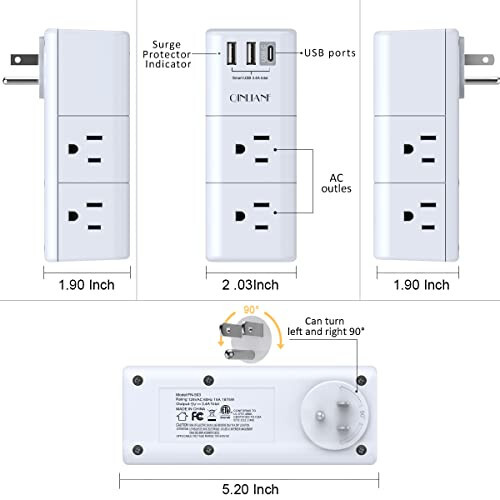 Удлинитель с розеткой USB и защитой от скачков напряжения - QINLIANF Многоконтактная розетка с поворотным штекером, 3-сторонняя поворотная сетевая розетка с 6 AC разъемами и 3 USB-портами (1 USB C) для путешествий, дома, офиса, ETL - 7