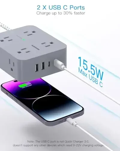 Surge Protector Power Strip 15 Ft Long Cord, HANYCONY 8 Outlets 4 USB Ports(2 USB C), Flat Plug, Desk Charging Station for Home Office College Dorm Room Essentials - 5