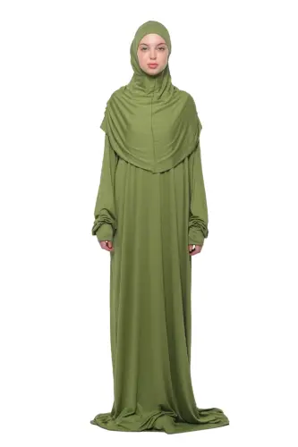 Удобное цельное платье для намаза из органического хлопка с рукавами «летучая мышь» и съемным головным убором - Фисташково-зеленое 