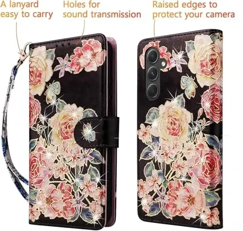 UEEBAI Wallet Case for Samsung Galaxy S26 Plus 5G, PU Leather Phone Cover Kickstand RFID Blocking Flip Case Card Slots Wrist Strap Relief Engraved Pattern Magnetic Closure Flower Wallet, Black Rose - 5