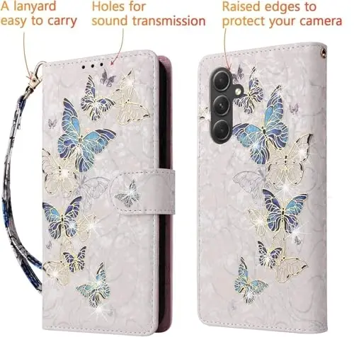 UEEBAI Cüzdan Kılıf, Samsung Galaxy S26 Plus için, PU Deri Telefon Kılıfı Standlı RFID Engelleme Kapaklı Kılıf Kart Yuvaları El Bilekliği Kabartmalı Desen Manyetik Kapanış Çiçek Cüzdan, Mavi Kelebek - 5