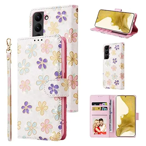 UEEBAI Hamyon Samsung Galaxy S23 Plus 5G uchun, PU Teri Telefon Qutisi O'rnatish RFID Bloklash Flip Qutisi Kartochka Uyalar Bilak Tasma Relief Gravürlangan Naqsh Magnit Yopish Folio Qutisi - Oq ромашка - UEEBAI