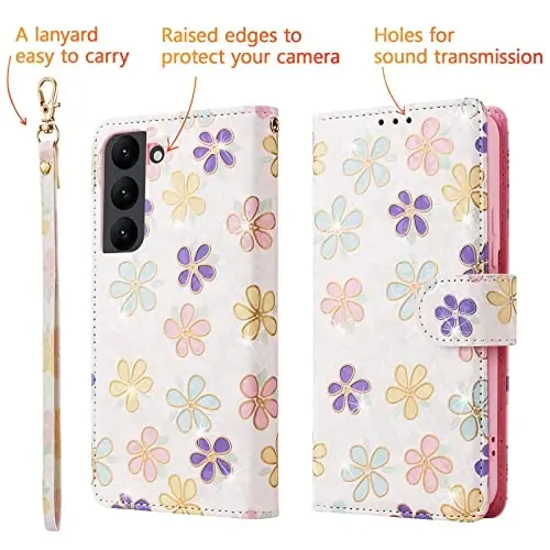 UEEBAI Hamyon Samsung Galaxy S23 Plus 5G uchun, PU Teri Telefon Qutisi O'rnatish RFID Bloklash Flip Qutisi Kartochka Uyalar Bilak Tasma Relief Gravürlangan Naqsh Magnit Yopish Folio Qutisi - Oq ромашка - 5