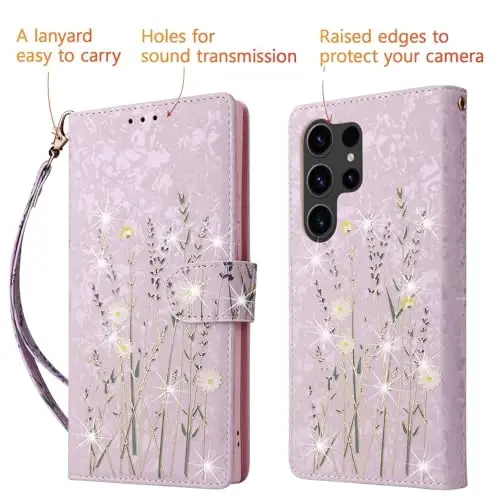 UEEBAI hamyon Samsung Galaxy S23 Ultra 5G uchun, PU teri telefon qutisi, RFID blokirovka qiluvchi Flip qutisi kartochka uyalari bilan, bilak tasma relyefi o'yilgan magnit yopilishi Folio qutisi - Pansy - 5