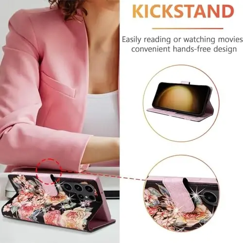 UEEBAI Кошелек-чехол для Samsung Galaxy S26 Ultra, чехол из искусственной кожи со подставкой, RFID-блокировкой, отделениями для карт, ремешком на запястье, рельефным узором, магнитной застежкой, цветочный кошелек, черный с розой - 2