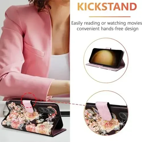 UEEBAI Samsung Galaxy S23 5G uchun hamyonli chexol, PU charm telefon qutisi, RFID blokirovka qiluvchi kartochkali qopqoq, bilak tasmali relyefli o‘yma naqshli magnitli qulfli Folio chexol - Qora atirgul - 3