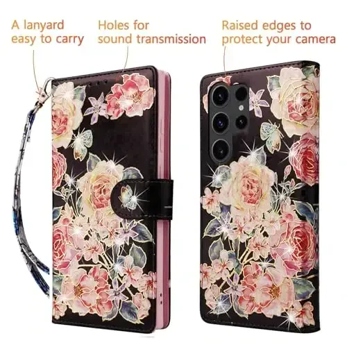 UEEBAI Samsung Galaxy S23 5G uchun hamyonli chexol, PU charm telefon qutisi, RFID blokirovka qiluvchi kartochkali qopqoq, bilak tasmali relyefli o‘yma naqshli magnitli qulfli Folio chexol - Qora atirgul - 5