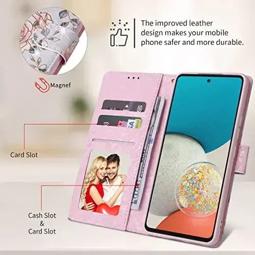 UEEBAI Samsung Galaxy S23 5G uchun hamyonli g‘ilof, PU charm telefon g‘ilofi, kartochka uyalari va bilak tasmasi bilan RFID blokirovkali flip g‘ilof, naqshli magnit qulfli folio g‘ilof - binafsha atirgul - 4