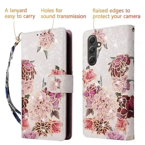 UEEBAI Samsung Galaxy S23 5G uchun hamyonli g‘ilof, PU teri telefon g‘ilofi, RFID blokirovka qiluvchi flip g‘ilof, kartochka uyalari, bilak tasmasi, naqshli magnit qulfli folio g‘ilof - Oq gul - 5