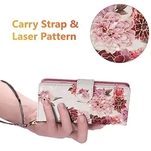 UEEBAI Samsung Galaxy S23 5G uchun hamyonli g‘ilof, PU teri telefon g‘ilofi, RFID blokirovka qiluvchi flip g‘ilof, kartochka uyalari, bilak tasmasi, naqshli magnit qulfli folio g‘ilof - Oq gul - 6