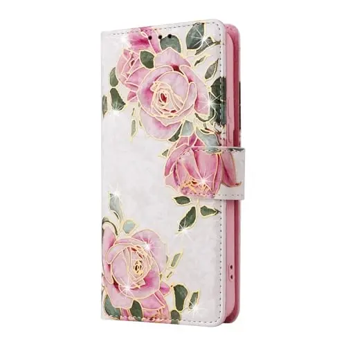 UEEBAI Samsung Galaxy S23 5G uchun hamyonli g‘ilof, PU teri telefon g‘ilofi, tayanchli RFID blokirovka qiluvchi flip g‘ilof, karta uyalari, bilak tasmasi, naqshli magnit qulfli gul foliosi, oq atirgul - 1