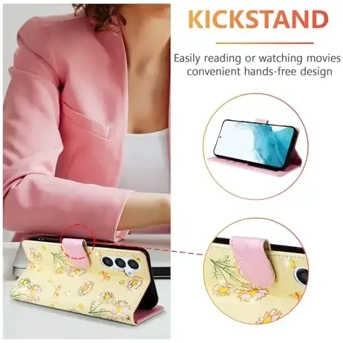 UEEBAI Samsung Galaxy S23 Plus 5G uchun hamyonli chexol, PU teri telefon qutisi, RFID blokirovkali oʻrindiqli flip chexol, kartochka uyalari, bilak tasmasi, naqshli oʻyma magnitli qulfli Folio chexol - Sariq ромашка - 3