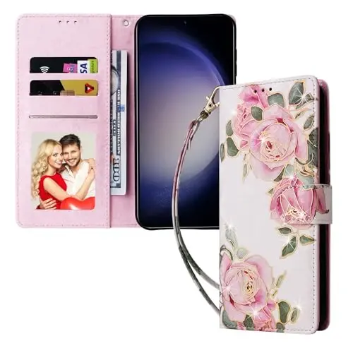 UEEBAI Samsung Galaxy S23 Plus 5G uchun hamyonli g‘ilof, PU Charm G‘ilof O‘rnatilgan tayanch RFID blokirovka qiluvchi qopqoqli g‘ilof Kartochka uchun joylar Bilak tasmasi Bo‘rtma naqshli Magnit qulfli Gul Folio G‘ilof, Oq Gul - 6