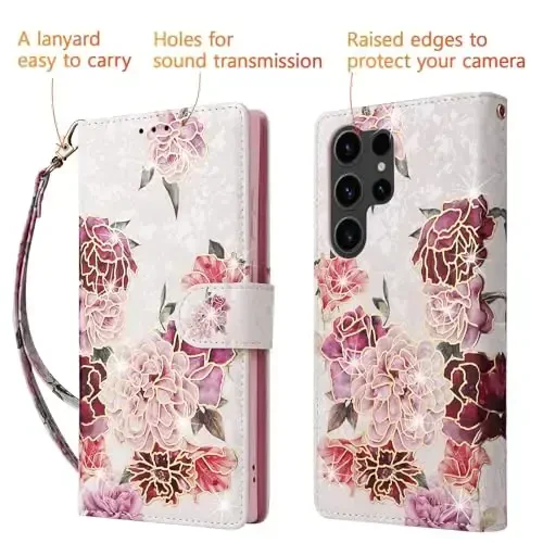 UEEBAI Samsung Galaxy S23 Ultra 5G uchun hamyonli chexol, PU teri telefon chexoli, kartochka uyali RFID blokirovkali, magnit qulflikli folyo chexol - Oq gul - 5