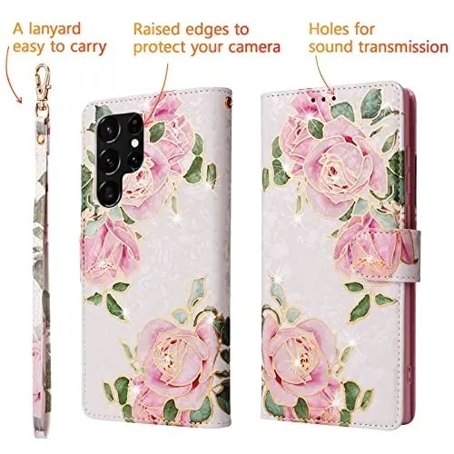 UEEBAI Samsung Galaxy S23 Ultra 5G uchun hamyonli g‘ilof, PU teri telefon g‘ilofi, RFID blokirovka qiluvchi o‘rnatilgan, kartochka uyali, bilak tasma naqshli magnitli Folio g‘ilof - Oq gul - 5