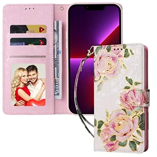 UEEBAI Samsung Galaxy S23 Ultra 5G uchun hamyonli g‘ilof, PU teri telefon g‘ilofi, RFID blokirovka qiluvchi o‘rnatilgan, kartochka uyali, bilak tasma naqshli magnitli Folio g‘ilof - Oq gul - 6