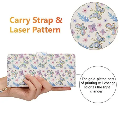 UEEBAI Samsung Galaxy S24 5G uchun hamyonli qobiq, PU teri telefon qobig‘i, stend, RFID blokirovkasi, buklama qobiq, karta joylari, bilaguzuk qayishi, relyefli o‘yilgan naqsh, magnitli yopilish, folio qobiq – Kapalak 