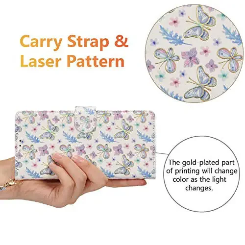 UEEBAI Samsung Galaxy S24 5G uchun hamyonli qobiq, PU teri telefon qobig‘i, stend, RFID blokirovkasi, buklama qobiq, karta joylari, bilaguzuk qayishi, relyefli o‘yilgan naqsh, magnitli yopilish, folio qobiq – Kapalak - 1