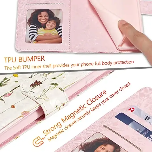 UEEBAI Samsung Galaxy S24 FE 5G uchun hamyonli gʻilof, PU charm telefon gʻilofi, tirgakli RFID blokirovka qiluvchi flip gʻilof, kartochka uyalari, bilak tasmasi, naqshli oʻyma, magnit qulfli gul foliosi, tok novdasi - 7