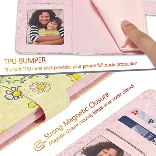 UEEBAI Samsung Galaxy S24 FE 5G uchun hamyonli g‘ilof, PU teri telefon g‘ilofi tayanchi RFID blokirovka qiluvchi flip g‘ilof karta uyalari bilak tasma naqshli magnit qulfli gul foliosi, sariq ромашка - 7