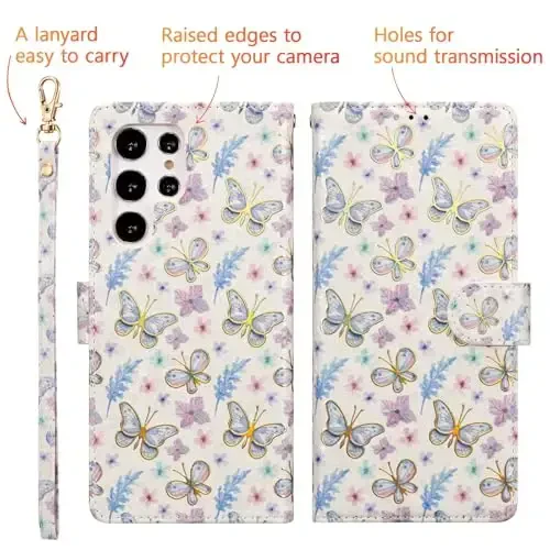 UEEBAI Samsung Galaxy S24 Ultra 5G uchun hamyonli g‘ilof, PU charm telefon g‘ilofi, o‘rnatma oyoqli RFID blokirovka qiluvchi flip g‘ilof, kartochka uyalari, bilak tasmali naqshli magnit qulfli folio g‘ilof - Kapalak - 3