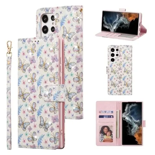 UEEBAI Samsung Galaxy S24 Ultra 5G uchun hamyonli g‘ilof, PU charm telefon g‘ilofi, o‘rnatma oyoqli RFID blokirovka qiluvchi flip g‘ilof, kartochka uyalari, bilak tasmali naqshli magnit qulfli folio g‘ilof - Kapalak 