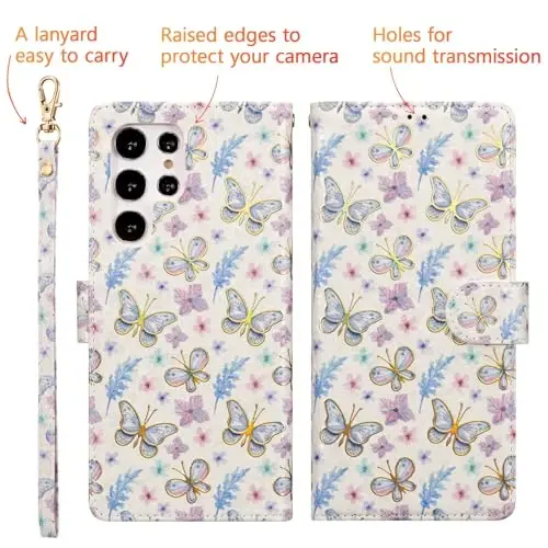 UEEBAI Samsung Galaxy S24 Ultra 5G uchun hamyonli g‘ilof, PU charm telefon g‘ilofi, o‘rnatma oyoqli RFID blokirovka qiluvchi flip g‘ilof, kartochka uyalari, bilak tasmali naqshli magnit qulfli folio g‘ilof - Kapalak - 3