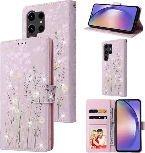 UEEBAI Samsung Galaxy S24 Ultra 5G uchun hamyonli gʻilof, PU teri telefon gʻilofi, oʻrnatilgan tirgak, RFID blokirovka, karta uyali flip gʻilof, bilak tasmali, oʻyma naqshli magnit qulfli folio gʻilof - Lavanda - 1