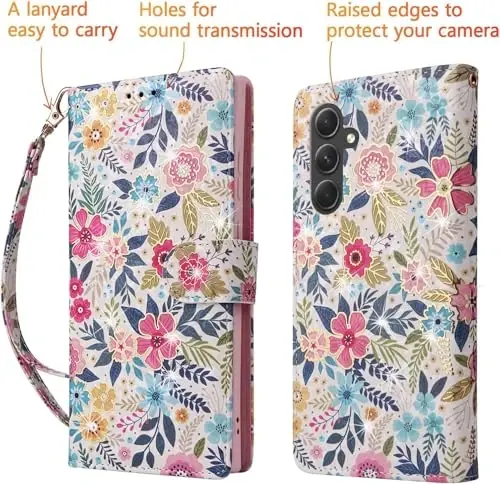 UEEBAI Samsung Galaxy S25 5G uchun hamyon gʻilofi, charm telefon hamyoni, RFID blokirovka qiluvchi oʻrnatma gʻilof, kartochka uyalari, bilak tasmasi, oʻyma naqshli magnit qulfli gul qopqogʻi, koʻp gulli - 3