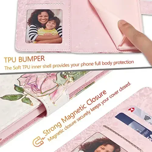 UEEBAI Samsung Galaxy S25 5G uchun hamyonli g‘ilof, PU charm telefon g‘ilofi, tayanchli RFID blokirovka qiluvchi flip g‘ilof, kartochka uyalari, bilak tasmali relyefli o‘yma naqshli magnitli qulfli gulli folio g‘ilof, Oq atirgul - 7