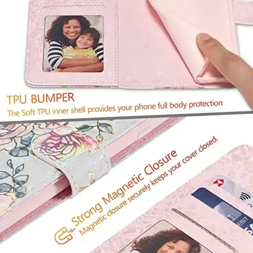 UEEBAI Samsung Galaxy S25 5G uchun hamyonli g‘ilof, PU charm telefon g‘ilofi, tirgak, RFID blokirovka qiluvchi flip g‘ilof, karta uyalari, bilak tasmali barelyef o‘yma naqshli magnit qulflı gul foliyo g‘ilof, binafsha atirgul - 4