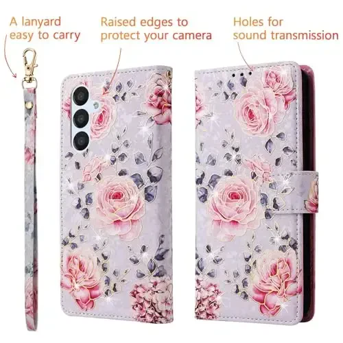 UEEBAI Samsung Galaxy S25 5G uchun hamyonli g‘ilof, PU charm telefon g‘ilofi, tirgak, RFID blokirovka qiluvchi flip g‘ilof, karta uyalari, bilak tasmali barelyef o‘yma naqshli magnit qulflı gul foliyo g‘ilof, binafsha atirgul - 5