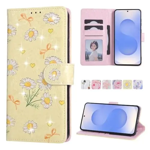 UEEBAI Samsung Galaxy S25 Edge 5G uchun hamyonli chexol, PU teri telefon chexoli, RFID blokirovkali oʻrnatish moslamasi, kartochka uyalari, bilak tasmasi, naqshli magnit qulfli gul chexoli, sariq ромашка - 1