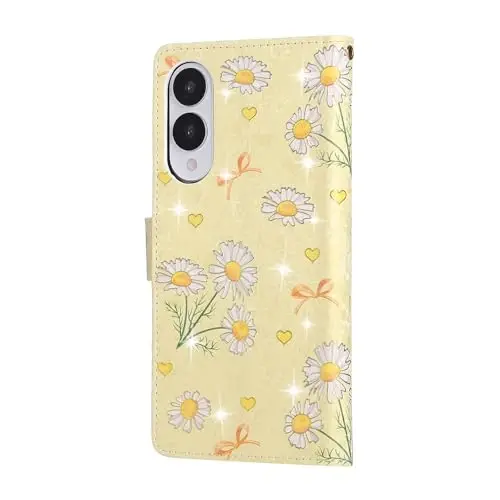 UEEBAI Samsung Galaxy S25 Edge 5G uchun hamyonli chexol, PU teri telefon chexoli, RFID blokirovkali oʻrnatish moslamasi, kartochka uyalari, bilak tasmasi, naqshli magnit qulfli gul chexoli, sariq ромашка - 6