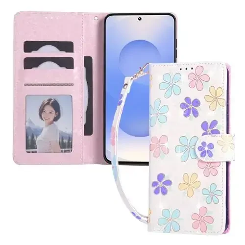 UEEBAI Samsung Galaxy S25 Edge 5G uchun hamyonli chexol, PU teri telefon qopqog'i, tayanch, RFID blokirovka qiluvchi flip chexol, karta uyalari, bilak tasma relyefli o'yma naqshli magnitli yopiladigan gul qopqog'i, oq ромашка - 2