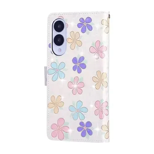 UEEBAI Samsung Galaxy S25 Edge 5G uchun hamyonli chexol, PU teri telefon qopqog'i, tayanch, RFID blokirovka qiluvchi flip chexol, karta uyalari, bilak tasma relyefli o'yma naqshli magnitli yopiladigan gul qopqog'i, oq ромашка - 6