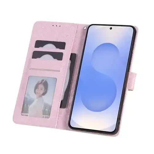 UEEBAI Samsung Galaxy S25 Edge 5G uchun hamyonli chexol, PU teri telefon qopqog'i, tayanch, RFID blokirovka qiluvchi flip chexol, karta uyalari, bilak tasma relyefli o'yma naqshli magnitli yopiladigan gul qopqog'i, oq ромашка - 7