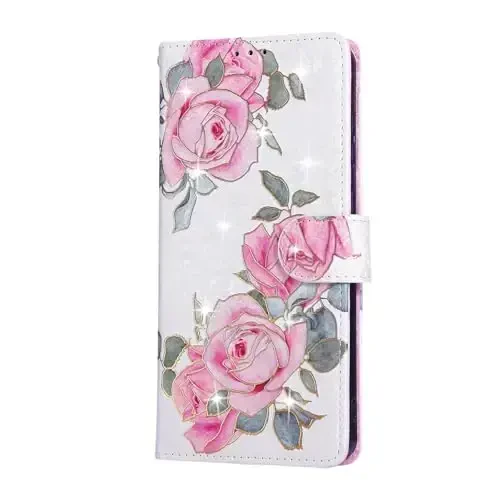 UEEBAI Samsung Galaxy S25 Edge 5G uchun hamyonli g‘ilof, PU teri telefon g‘ilofi, RFID blokirovka qiluvchi flip g‘ilof, karta uyalari, bilak tasmasi, o‘yma naqshli magnitli qulfli gul g‘ilofi, oq atirgul - 7