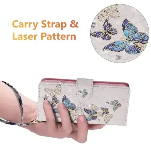 UEEBAI Samsung Galaxy S25 Edge 5G uchun hamyonli gʻilof, PU teri telefon qopqogʻi tirgak RFID blokirovka qiluvchi qopqoq karta uyalari bilak tasmasi naqshli magnit qulfli gul qopqogʻi, Moviy kapalak - 5