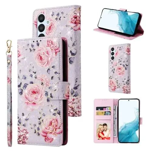 UEEBAI Wallet Case for Samsung Galaxy S25 FE 5G, PU Leather Phone Case Kickstand RFID Blocking Flip Case Card Slots Wrist Strap Relief Engraved Pattern Magnetic Closure Flower Folio Case, Purple Rose - UEEBAI