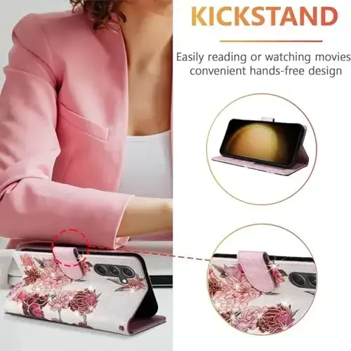 UEEBAI Samsung Galaxy S25 Plus 5G uchun hamyonli chexol, charm hamyonli telefon, RFID blokirovka qilingan oʻrnatilgan flip chexol, kartochka uyalari, bilak tasma naqshli magnitli yopiladigan gul qopqogʻi, oq gul - 2