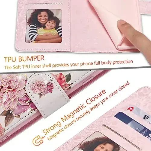 UEEBAI Samsung Galaxy S25 Plus 5G uchun hamyonli chexol, charm hamyonli telefon, RFID blokirovka qilingan oʻrnatilgan flip chexol, kartochka uyalari, bilak tasma naqshli magnitli yopiladigan gul qopqogʻi, oq gul - 7