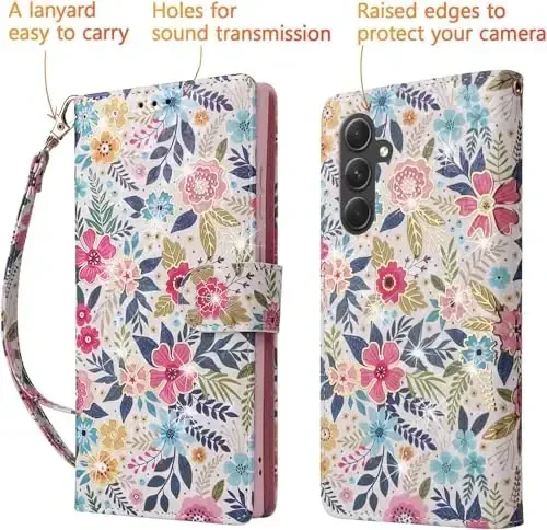 UEEBAI Samsung Galaxy S25 Plus 5G uchun hamyonli chexol, charm telefon hamyoni, RFID blokirovka qiluvchi qopqoqli karta uyali, bilak tasma Relyef oʻyma naqshli magnitli yopiladigan gul qopqoq, Multi-Flower - 5